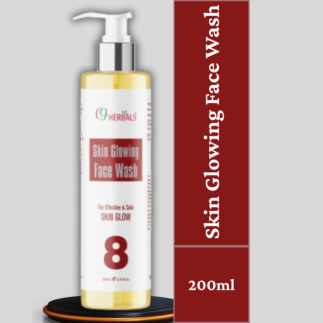 Herbal face wash bottle with pump on a gray background