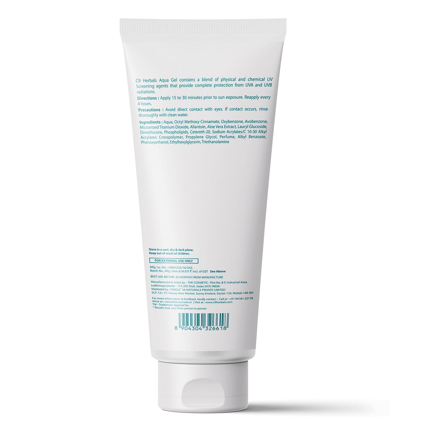 Aqua Gel Sunscreen With Aloevera And Titanium Dioxide For Protection Against UV-A/ UV-B Rays