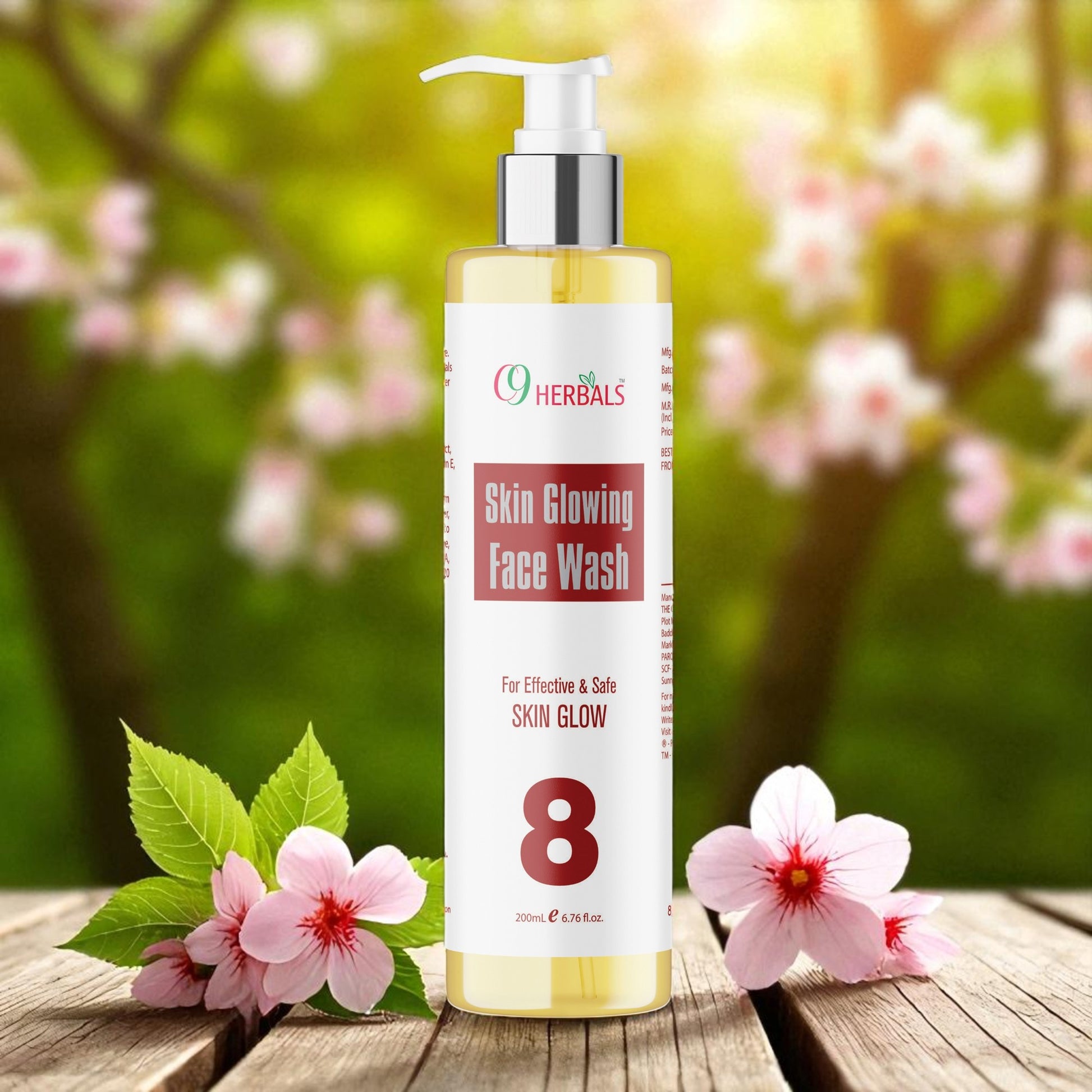 Herbal face wash bottle with flowers and leaves on a wooden surface