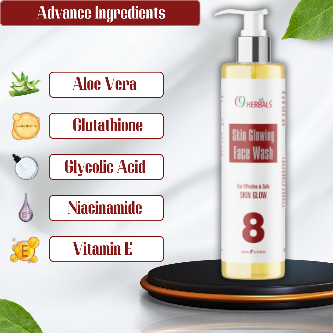 Herbal face wash bottle with ingredients listed on a white background