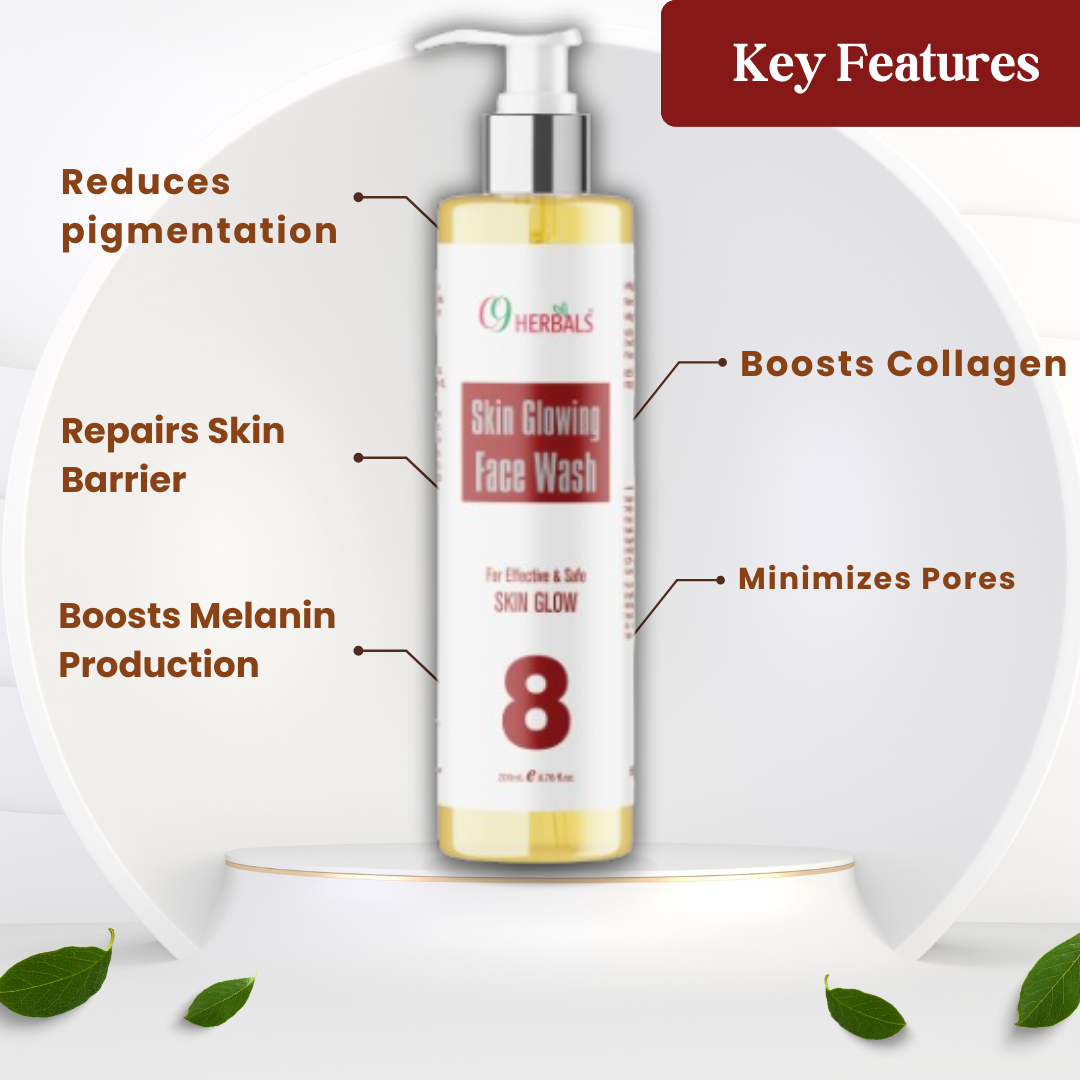 Herbal face wash bottle with key features listed on a white background